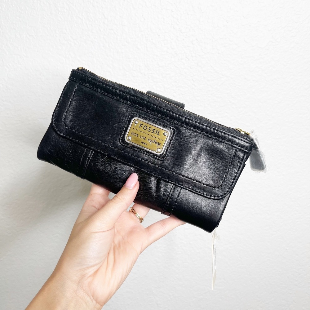 Fossil Emory Clutch Black Leather Bifold Zip Wallet New